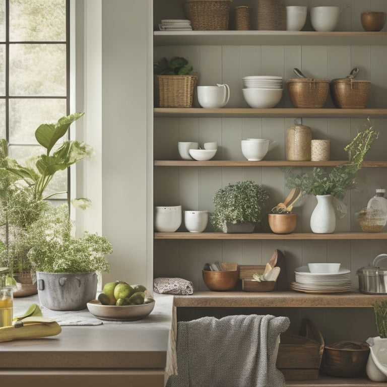 A serene, well-organized kitchen with a few, carefully selected cookbooks on a wooden shelf, a utensil organizer on the counter, and a single, elegant vase with fresh greens on the island.