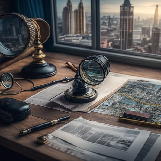 A magnifying glass hovers above a cluttered desk, surrounded by scattered papers, folders, and a laptop, with a cityscape or map in the background, symbolizing in-depth property research.
