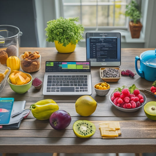 A colorful, organized kitchen counter with a laptop, a few fresh fruits, and a variety of healthy snacks, surrounded by a wireframe of a smartphone displaying a meal planning app interface.