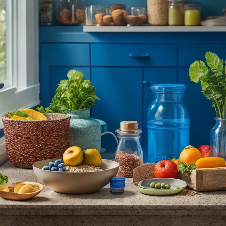 A vibrant, organized kitchen counter with a bowl of fresh fruit, a reusable water bottle, and a small compost bin, surrounded by a few carefully arranged, partially-filled jars of whole grains.