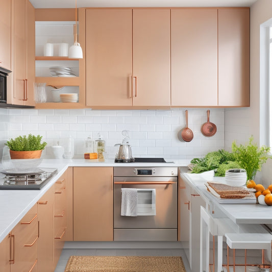 A bright, modern kitchen with sleek countertops and white cabinets, featuring a pull-out pantry, a utensil organizer on the back of a door, and a wall-mounted pot rack with copper accents.