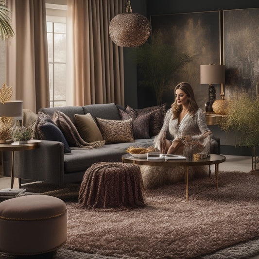 A whimsical, luxurious living room scene featuring Olivia, a stylish woman in her 30s, surrounded by piles of HomeGoods' rugs, with a few rolled out, and a few draped over furniture, amidst elegant decorative accents.