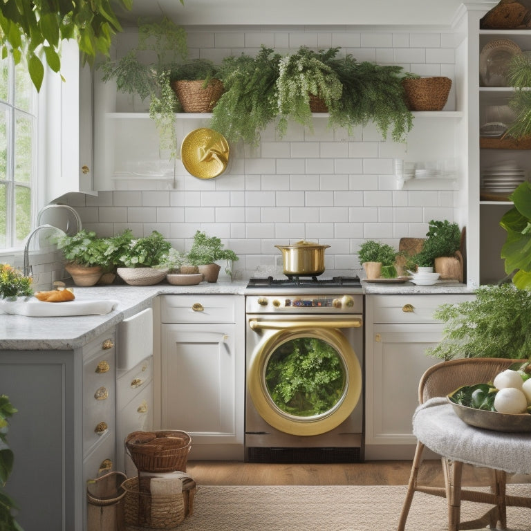 A bright, modern kitchen with a large, white, subway-tiled backsplash displaying a gold, cursive, uppercase "S" monogram in a circular frame, surrounded by lush greenery and a few scattered cookbooks.