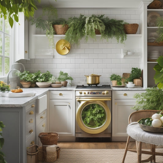 A bright, modern kitchen with a large, white, subway-tiled backsplash displaying a gold, cursive, uppercase "S" monogram in a circular frame, surrounded by lush greenery and a few scattered cookbooks.