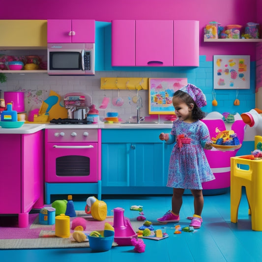 A playful kitchen scene featuring a bright pink Little Tikes fridge, surrounded by toy food, utensils, and a curious toddler with a chef's hat, amidst a scattered mess of colorful blocks and toys.