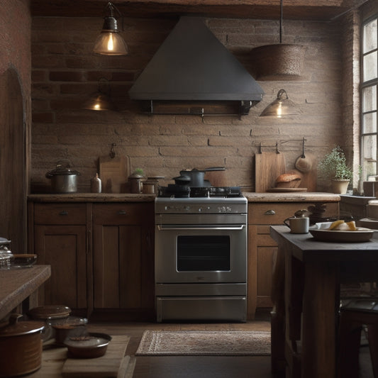 A cluttered, dimly lit rustic kitchen with worn wooden cabinets, exposed brick, and vintage appliances, contrasted with a sleek, modern tablet displaying a clean, minimalist kitchen design template.