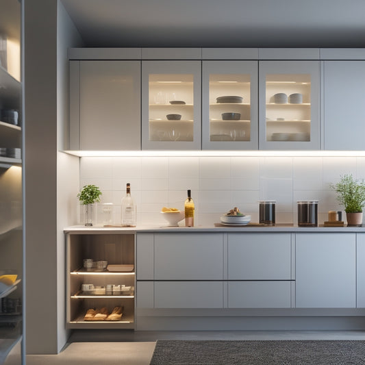 A sleek, minimalist kitchen with a large, wall-mounted storage cabinet featuring soft-close drawers, glass shelves, and a built-in utensil organizer, illuminated by warm, recessed lighting.