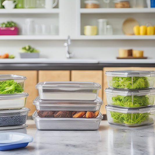 A tidy kitchen counter with a row of 5-7 identical, transparent, rectangular meal prep containers with lids, filled with varied healthy meals, surrounded by a few fresh herbs and a small kitchen utensil.