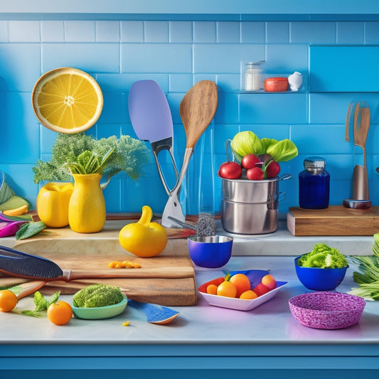 A vibrant, modern kitchen with a stainless steel countertop, showcasing a ceramic chef's knife, a spiralizer, a set of colorful silicone utensils, and a basket of fresh, organic produce.