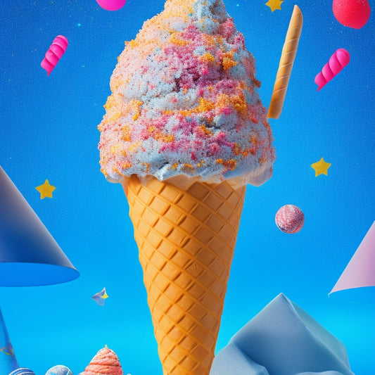 A whimsical illustration of a giant ice cream cone with a question mark on top, surrounded by colorful swirling patterns and scattered stars, against a bright blue background.