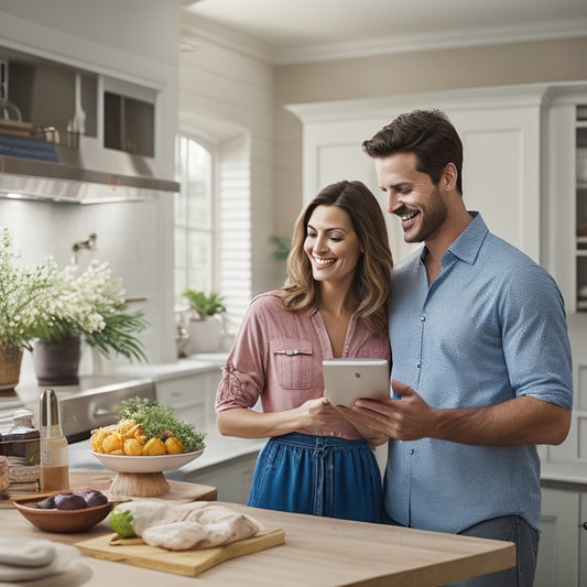 A serene, organized kitchen with a calm color palette, featuring a happy couple in their 30s, standing side by side, smiling, and holding a tablet with an open online course on the screen.
