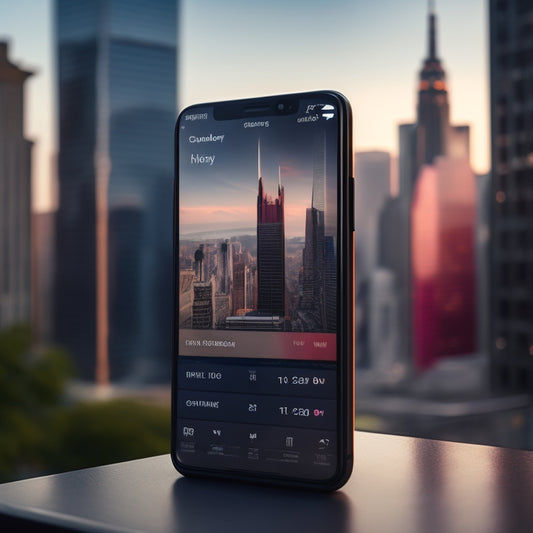 A futuristic smartphone screen displaying a calendar app with color-coded property listings, integrated maps, and time blocks, set against a blurred background of a bustling cityscape or modern interior.