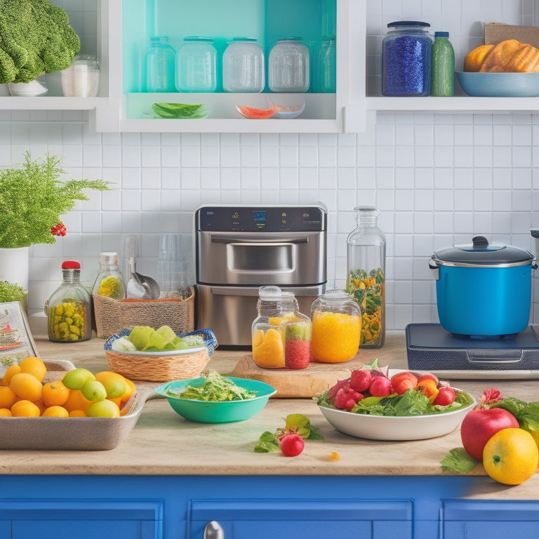 A bright and organized kitchen counter with a variety of meal prep containers, utensils, and appliances, including a slow cooker, stand mixer, and food scale, surrounded by fresh fruits and vegetables.