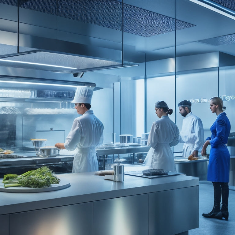 A futuristic restaurant kitchen with sleek surfaces, where a diverse group of staff, each wearing augmented reality visors, efficiently prepare meals while following virtual guidance and real-time feedback displays.