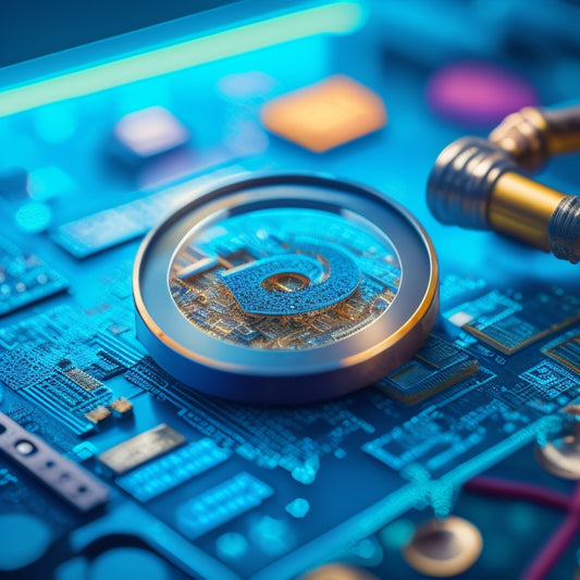 A magnifying glass hovering over a Windows logo, surrounded by broken chains and shattered locks, with a subtle background of circuit boards and microchips.