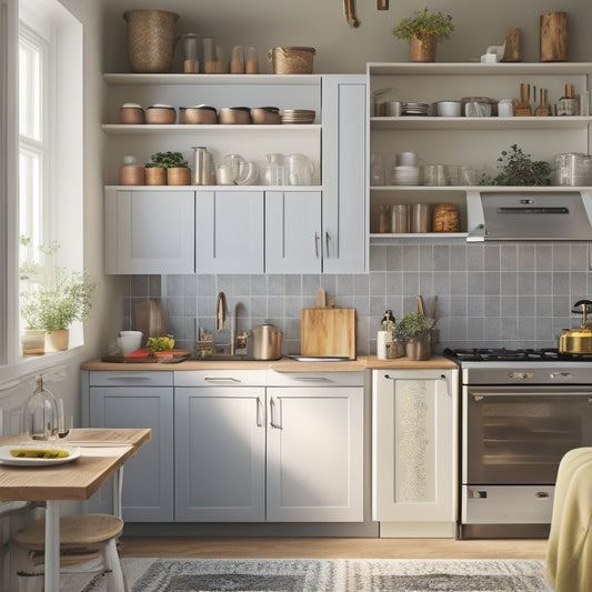 A clutter-free tiny kitchen with a wall-mounted pot rack, a slide-out spice organizer, and a compact refrigerator with a magnetic board on the side, surrounded by natural light.