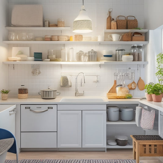 A clutter-free tiny kitchen with a sleek, white countertop, a compact refrigerator, and a wall-mounted pegboard with colorful hooks, baskets, and a few kitchen utensils, illuminated by a small pendant light.