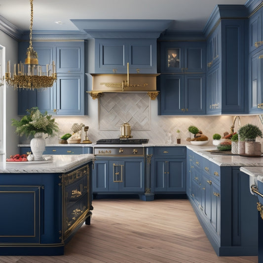 Generate an image of a luxurious kitchen with sleek, hand-painted cabinetry in a soft blue hue, adorned with ornate gold hardware, surrounded by rich, dark wood accents and a statement light fixture.