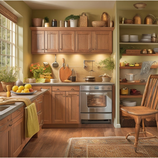 A warm and inviting kitchen scene featuring a senior-friendly utensil set, a slow cooker, a walk-in pantry with easy-to-grab shelves, and a seated cooking area with a built-in cutting board.