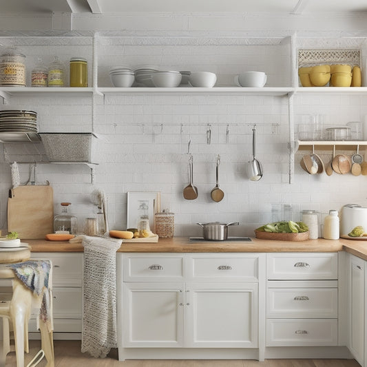 A tidy kitchen with creamy white cabinets, stainless steel appliances, and warm wooden countertops, featuring a pegboard with hanging utensils, a corner carousel, and a few neatly stacked cookbooks.