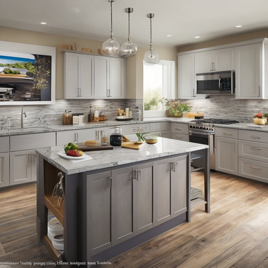 A modern kitchen with sleek countertops and a large island, surrounded by three iPads and a laptop, each displaying a different kitchen design app, with various 3D room layouts and furniture options.