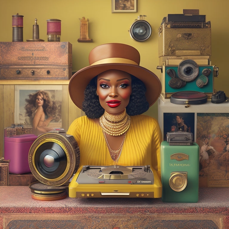 A whimsical illustration of Naomi surrounded by nostalgic objects: a vintage camera, vinyl records, a retro typewriter, and a stack of worn photographs, all set against a warm, golden-lit background.