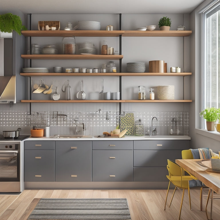 A modern, sleek apartment kitchen with a mix of open shelving, cabinets, and a large kitchen island, showcasing a pegboard with hanging utensils, a pull-out spice rack, and a slide-out trash can.