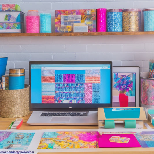 A colorful, organized workspace with a laptop, tablet, and stylus surrounded by printouts of vibrant, patterned papers, washi tape, and a few partially designed digital printables on the screens.
