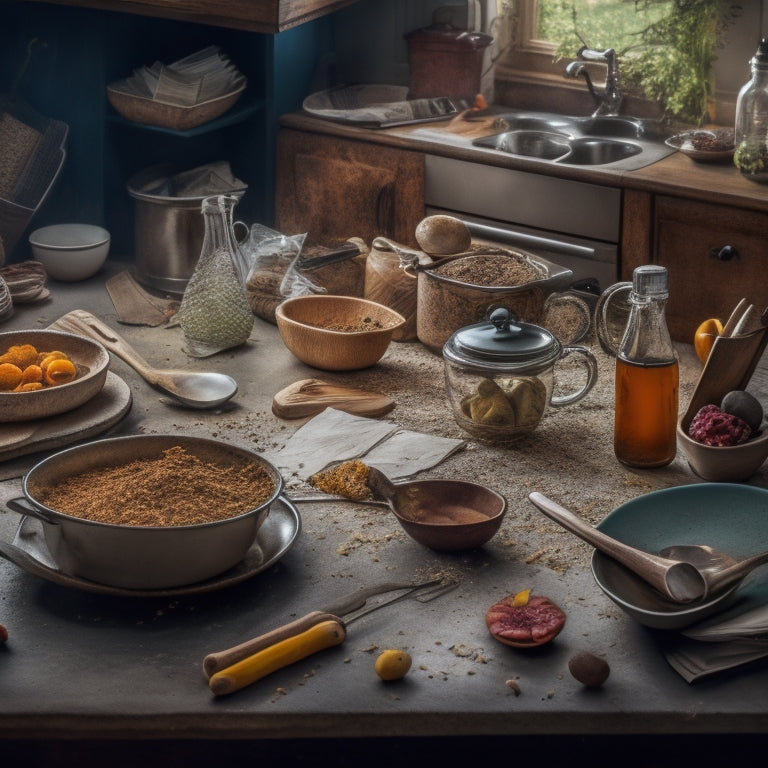 A cluttered kitchen countertop with scattered cookbooks, torn recipe papers, and a jumbled pile of utensils, surrounded by spills and crumbs, with a single, lone wooden spoon lying amidst the chaos.