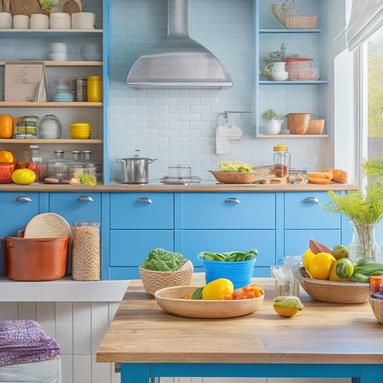 A bright, modern kitchen with a large, wooden recipe organizer on the counter, filled with colorful recipe cards and a few utensils, surrounded by fresh ingredients and a few cookbooks.