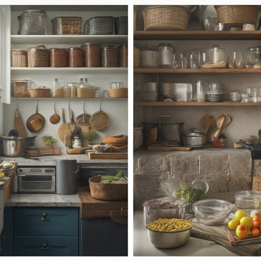 A split-screen image featuring a cluttered, overwhelming kitchen with scattered cookbooks and ingredients on the left, and a tidy, organized kitchen with labeled containers and a clear workspace on the right.