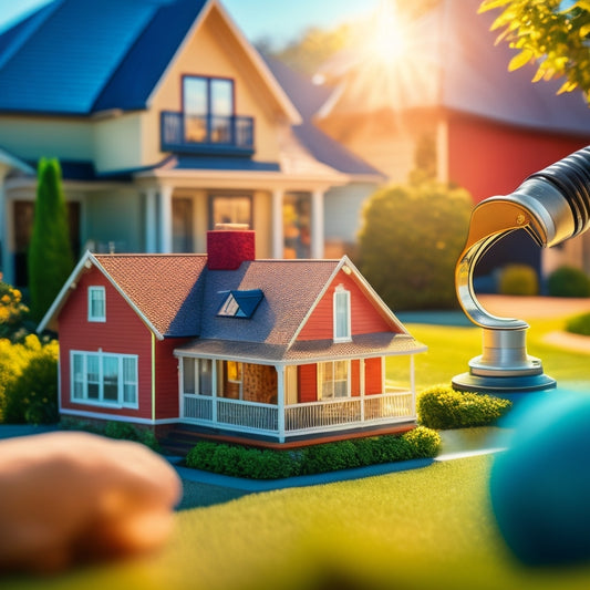 A magnifying glass hovers above a miniature suburban house, surrounded by scattered blueprints, wrenches, and a tape measure, set against a warm, sunny background with subtle house silhouettes.