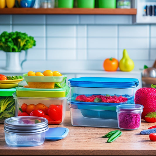 A colorful, well-organized kitchen countertop with multiple meal prep containers, a few fresh vegetables, a chef's knife, and a meal planning calendar in the background.