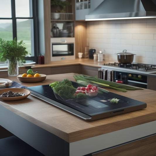 A modern, sleek kitchen island with a large touchscreen display showcasing various digital kitchen design templates, surrounded by kitchen utensils and design books on a polished wooden floor.