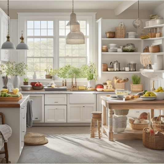 A bustling kitchen with a calm, organized atmosphere: a tidy island with a few artfully arranged cookbooks, a utensil organizer, and a few fresh ingredients, surrounded by gleaming appliances and a subtle background of soft, natural light.