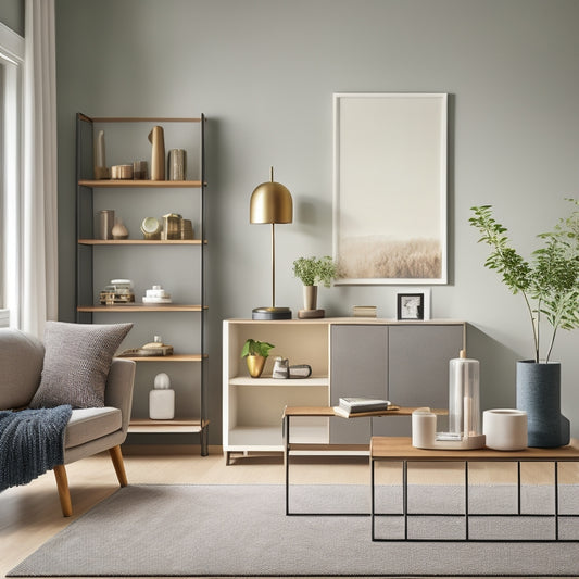 A serene, well-lit, and modern living room with a minimalist aesthetic, featuring a sleek, wall-mounted shelving unit, a tidy desk with a single, decorative vase, and a few, carefully arranged throw pillows.