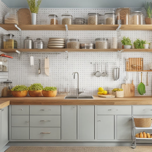A bright, modern kitchen with organized cabinets, utensils hung on a pegboard, a tidy countertop with a few strategically placed baskets, and a labeled spice rack on the wall.