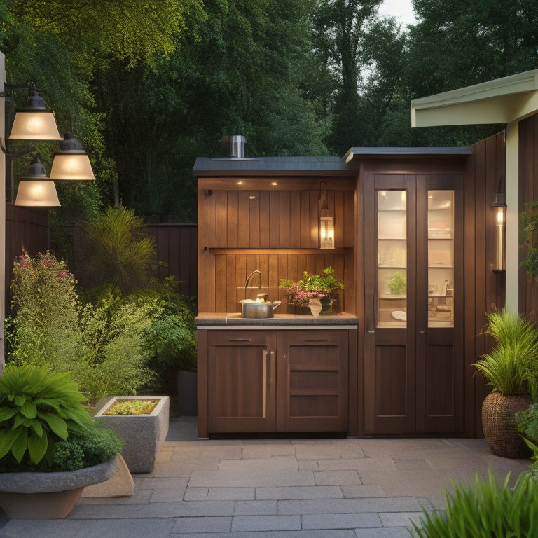 A serene backyard oasis featuring sleek, modern cabinets with clean lines and a weathered woodgrain finish, surrounded by lush greenery and a few strategically placed outdoor lanterns.