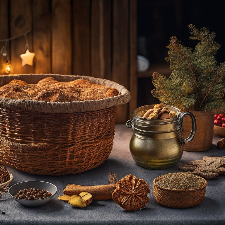 A warm, golden-lit still life featuring a vintage mixing bowl surrounded by festive holiday cookies, colorful spices, and clever storage solutions like mason jars and woven baskets.