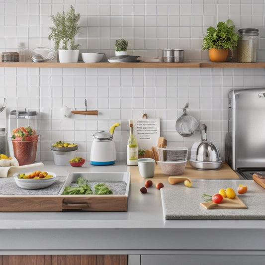 A clutter-free college kitchen with a laptop open on the counter, surrounded by organized utensils, a meal planning whiteboard, and a few healthy ingredients, with a subtle background of a kitchen utensil organizer.