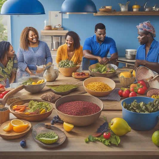 A vibrant kitchen scene with a diverse group of people gathered around a central island, surrounded by bowls of fresh fruits and vegetables, and various cooking utensils, with a subtle background of gluten-free, vegan, and keto labels.