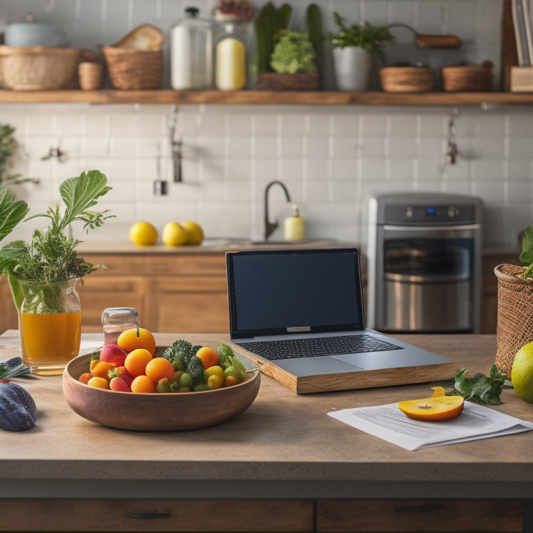 A tidy kitchen counter with a laptop, a printed grocery list, and a few fresh fruits and vegetables, surrounded by a calm and organized atmosphere.