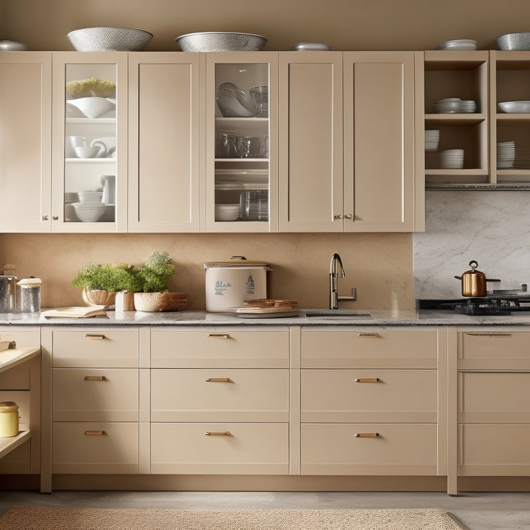 A sleek, modern kitchen with warm beige cabinets, featuring custom roll-out drawers in various sizes, filled with organized cookware, utensils, and ingredients, against a soft, creamy background.