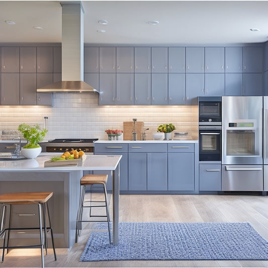 A modern kitchen with sleek, high-gloss cabinets, stainless steel appliances, and a large island, surrounded by a subtle grid pattern on the walls, with a few utensils and cookbooks strategically placed.