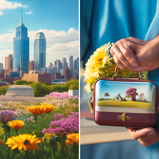 A split-screen image featuring a person holding a miniature house on the left, surrounded by blooming flowers and a sunny sky, and a person standing in front of a city skyline on the right, with a briefcase and a relaxed expression.