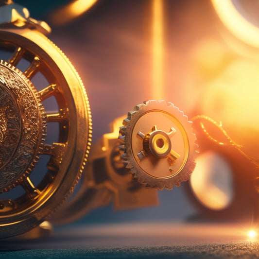 A stylized, golden key unlocking a puzzle piece, surrounded by a halo of light, amidst a background of blurred, interconnected gears and cogs, symbolizing efficient decision-making.