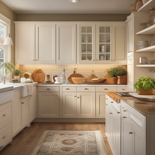 A tidy, well-lit kitchen with KraftMaid cabinets in a warm, neutral tone, featuring a few open drawers and doors, showcasing organized contents and sparkling hardware.