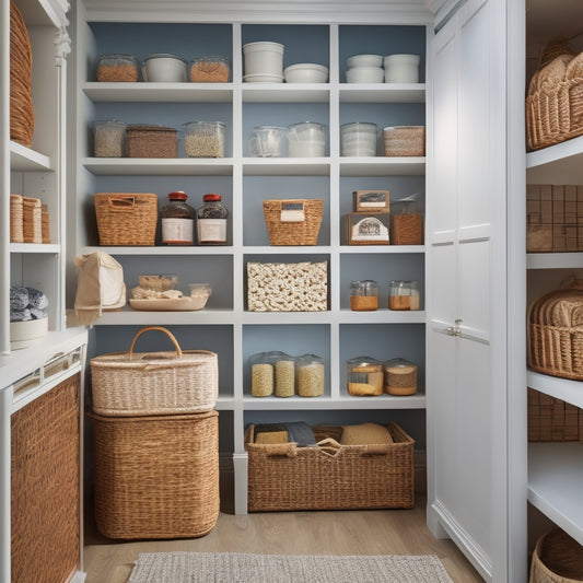 A tidy pantry interior with adjustable shelves, wicker baskets, and stackable containers in a calming color palette, illuminated by soft, warm overhead lighting.