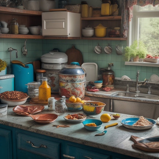 A cluttered kitchen with overflowing countertops, a sink piled high with dirty dishes, and a messy island with scattered recipe books, utensils, and appliances, surrounded by worn-out cabinets and a backsplash with old stickers.