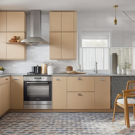 A warm and modern kitchen featuring a geometric-patterned backsplash, contrasting hexagonal floor tiles, and a statement island with a bold, abstract rug underneath, amidst sleek appliances and minimalist decor.